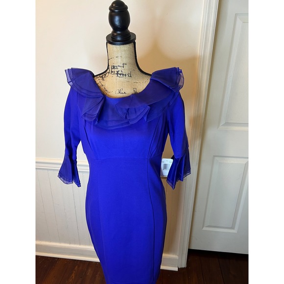 NUE‎ by Shani Stunning Royal Blue Ruffle Neck 3/4 Sleeve Sheath Dress - Picture 3 of 6